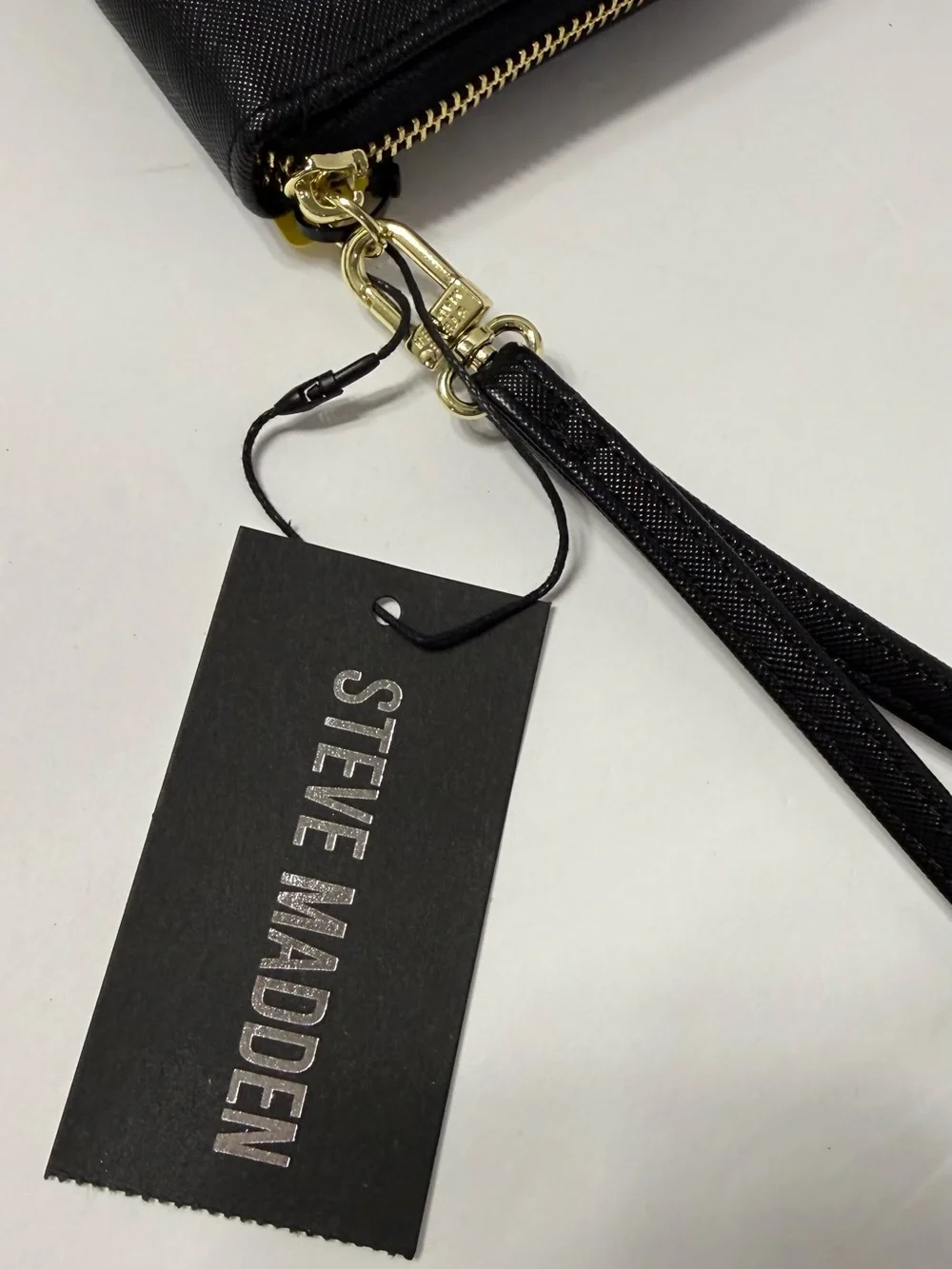 Steve Madden Black Zip-Around Wristlet with Gold Bar